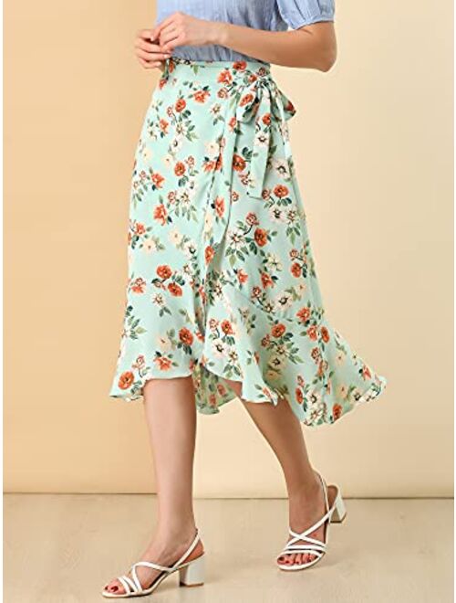 Allegra K Women's Floral Wrap Midi Skirt Asymmetrical Ruffle Tie Waist Skirts