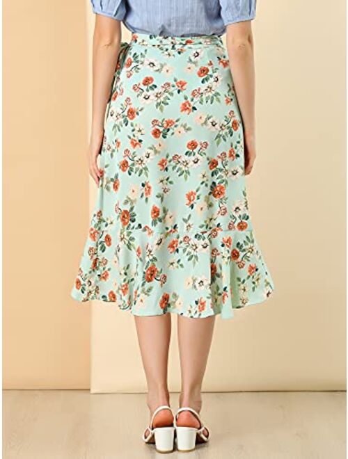 Allegra K Women's Floral Wrap Midi Skirt Asymmetrical Ruffle Tie Waist Skirts