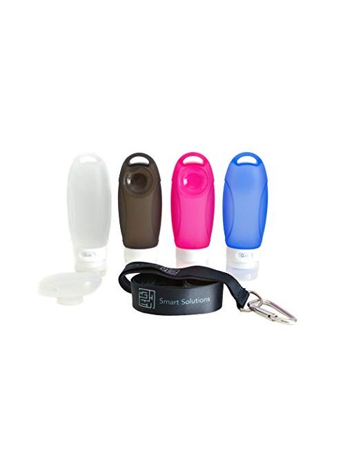 Smartsolutions By Ca Travel Bottles (Set of 4) TSA Approved Leak Proof with Suction Cups, Lanyard and Carabiner. Toothbrush Cover and Clear Zippered Bag Included