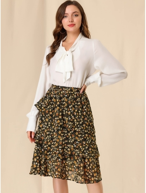 Allegra K Women's Floral Layered Elastic Waist Chiffon Ruffle Midi Skirt