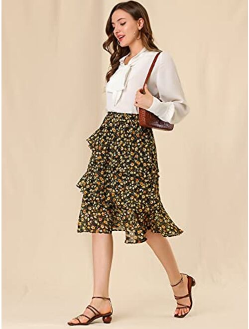 Allegra K Women's Floral Layered Elastic Waist Chiffon Ruffle Midi Skirt