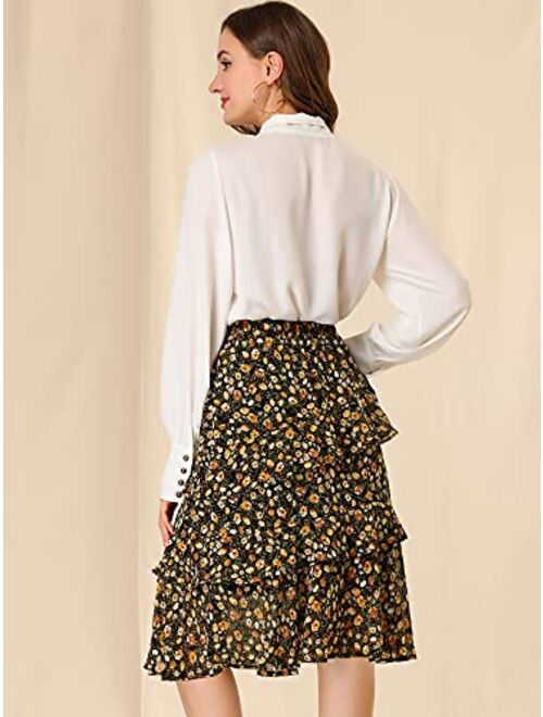 Allegra K Women's Floral Layered Elastic Waist Chiffon Ruffle Midi Skirt