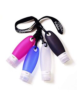 Fullplus Travel Silicone Squeezable Bottles Refillable Cosmetic Gym Containers TSA Approved Portable Tube Set with Shower Lanyard for Shampoo Lotion(3.3 oz,Pack of 4)