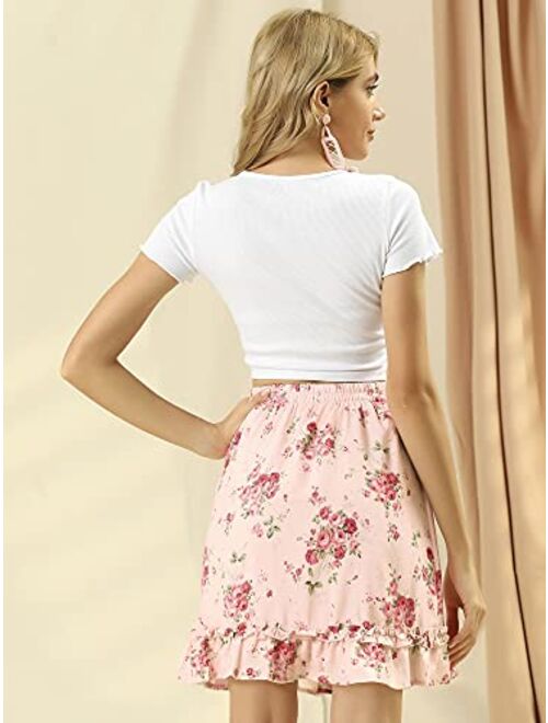 Allegra K Women's Casual Mini Skirt Summer Elastic Waisted Floral Ruffle Short Skirts