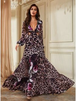 Leopard Print Cut Out Plunging Neck Lantern Sleeve Ruffle Hem Dress