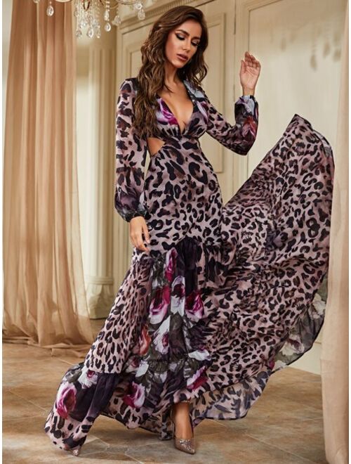 Shein Leopard Print Cut Out Plunging Neck Lantern Sleeve Ruffle Hem Dress