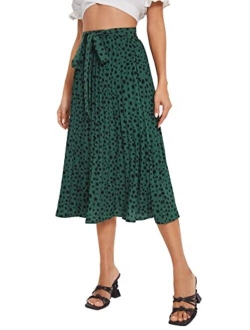 Women's Floral Printed Elastic Waist A Line Pleated Ruffle Midi Skirt