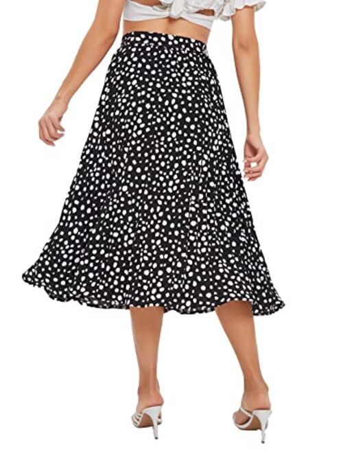 Floerns Women's Floral Printed Elastic Waist A Line Pleated Ruffle Midi Skirt