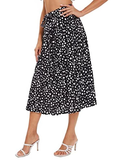 Floerns Women's Floral Printed Elastic Waist A Line Pleated Ruffle Midi Skirt