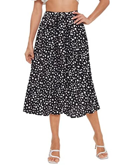 Floerns Women's Floral Printed Elastic Waist A Line Pleated Ruffle Midi Skirt
