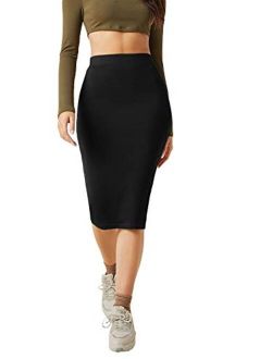 Women's Basic Solid Stretch High Waist Bodycon Midi Pencil Skirt