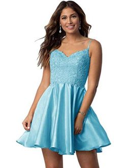 Tianzhihe Short Lace Beaded Homecoming Dresses Spaghetti Straps Satin Formal Bridesmaid Evening Prom Party Gown with Pockets