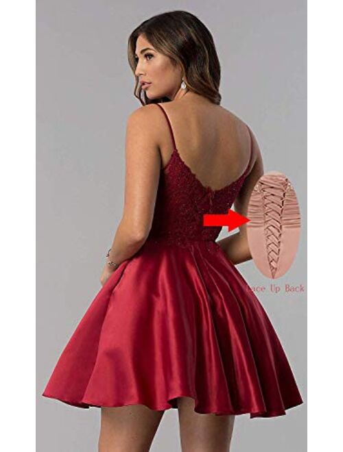 Tianzhihe Short Lace Beaded Homecoming Dresses Spaghetti Straps Satin Formal Bridesmaid Evening Prom Party Gown with Pockets