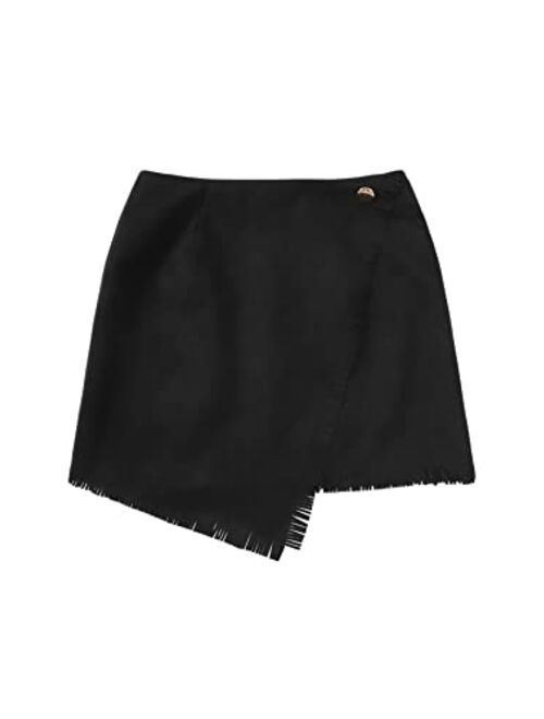Floerns Women's Fringe Trim Wrap Front High Waist Asymmetrical Hem Mini Skirt