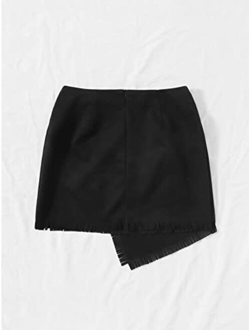 Floerns Women's Fringe Trim Wrap Front High Waist Asymmetrical Hem Mini Skirt