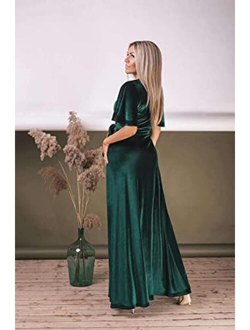 Tianzhihe Ruffle Sleeve Velvet Prom Maxi Long Dress with Slit V Neck Bridesmaid Dress Party Gown