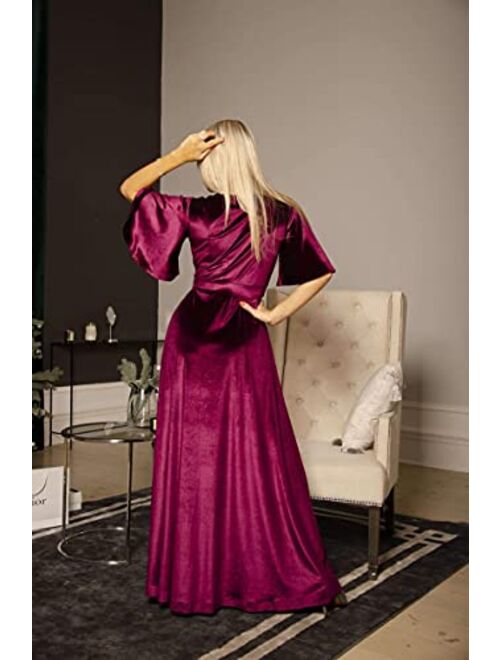Tianzhihe Ruffle Sleeve Velvet Prom Maxi Long Dress with Slit V Neck Bridesmaid Dress Party Gown