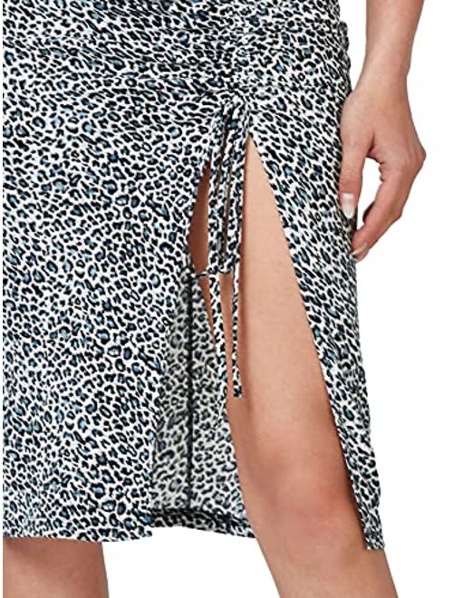 Floerns Women's Leopard Print Ruched Drawstring Split Summer Midi Skirt