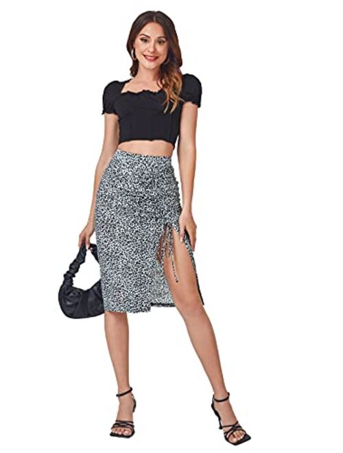 Floerns Women's Leopard Print Ruched Drawstring Split Summer Midi Skirt