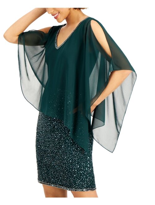 J Kara Asymmetrical-Overlay Embellished Dress