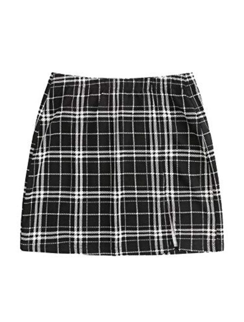 Floerns Women's Plus Size Plaid Print Split Hem Skirt