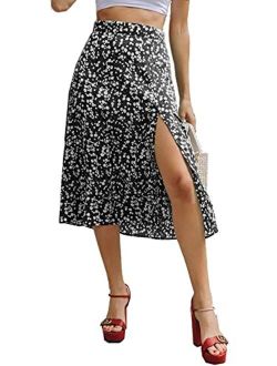 Women's Boho Disty Floral Print Flowy Split Midi Skirt