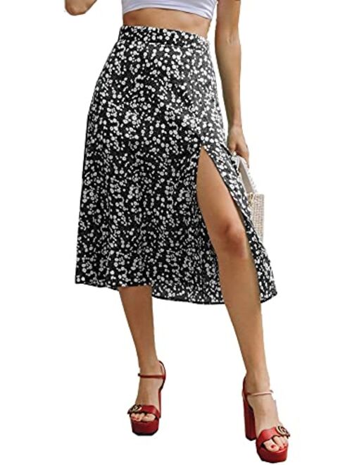 Floerns Women's Boho Disty Floral Print Flowy Split Midi Skirt
