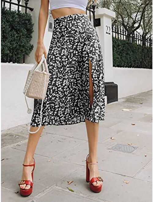 Floerns Women's Boho Disty Floral Print Flowy Split Midi Skirt