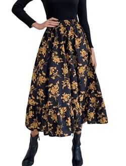 Women's Casual Print Pleated High Waist Ruffle Hem A Line Midi Skirt