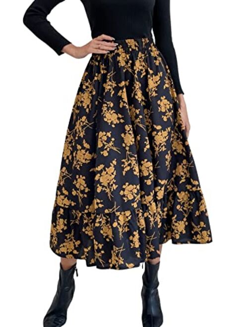 Floerns Women's Casual Print Pleated High Waist Ruffle Hem A Line Midi Skirt