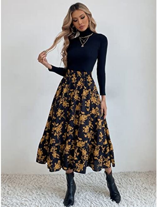 Floerns Women's Casual Print Pleated High Waist Ruffle Hem A Line Midi Skirt