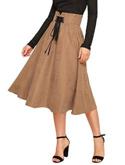 Women's High Waist Flared Pleated Lace up Midi Skirt