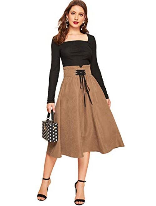 Floerns Women's High Waist Flared Pleated Lace up Midi Skirt