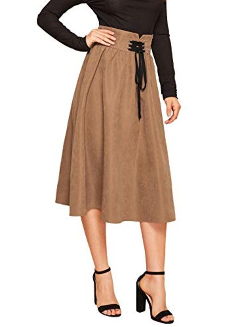 Floerns Women's High Waist Flared Pleated Lace up Midi Skirt