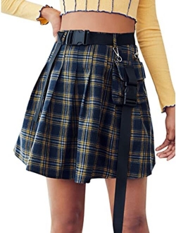 Women's Plaid Print Flared Self Tie A Line Mini Skirt with Flap Pocket