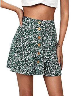 Women's Boho Ditsy Floral Print Button Front Summer A Line Mini Skirt