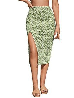 Women's Summer Floral Print High Waist Split Thigh Midi Skirt