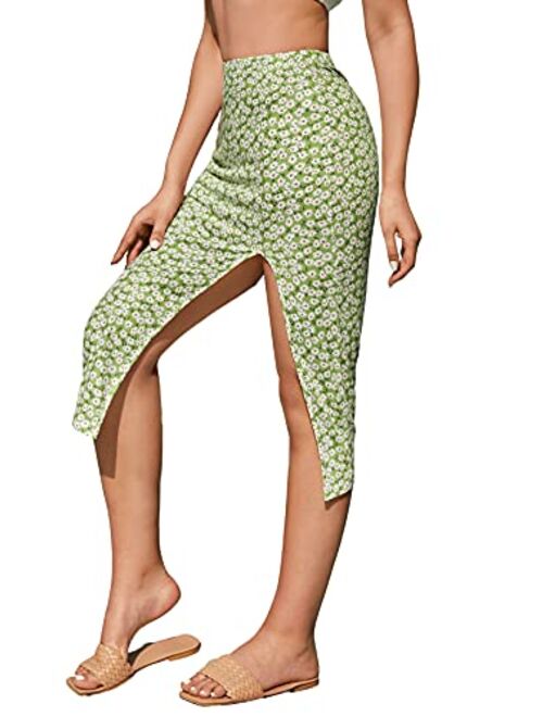 Floerns Women's Summer Floral Print High Waist Split Thigh Midi Skirt