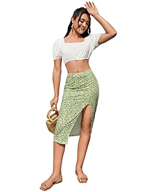 Floerns Women's Summer Floral Print High Waist Split Thigh Midi Skirt