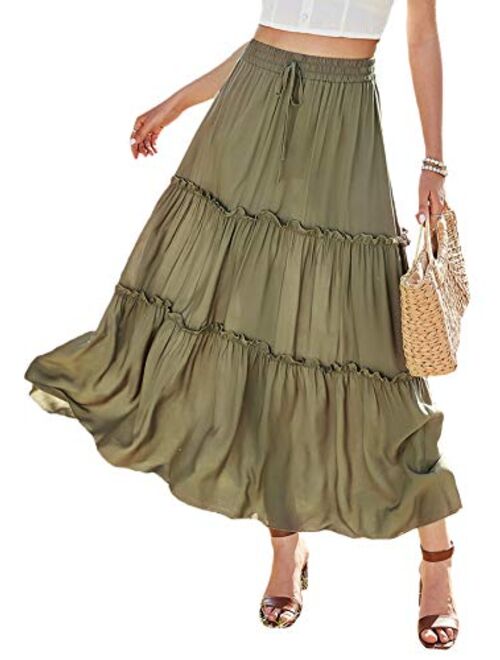 Floerns Women's Boho Elastic Waisted Ruffle A Line Beach Long Maxi Skirt