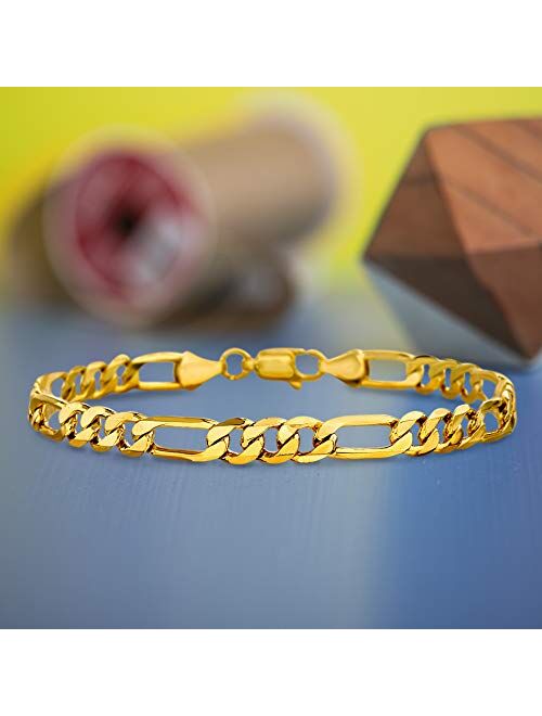 Nautica 1mm - 3mm Figaro Chain Bracelet for Men or Women in Yellow Gold Plated Brass
