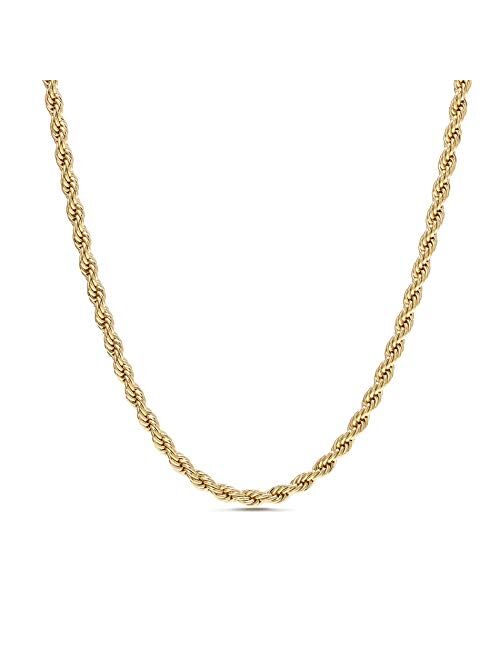 Nautica 2mm - 8mm Rope Chain Necklace for Men or Women in Yellow Gold Plated Brass