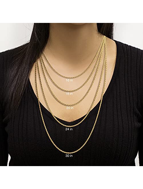 Nautica 2mm - 8mm Rope Chain Necklace for Men or Women in Yellow Gold Plated Brass
