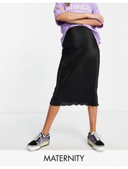 Maternity midi skirt with lettuce hem in Black