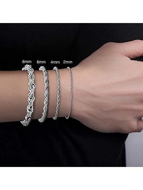 Nautica 2mm - 8mm Rope Chain Bracelet for Men or Women in Rhodium Plated Brass