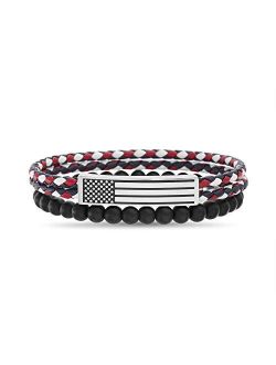 Stainless Steel American Flag Bar Red White Blue Braided Leather Black Beaded Stretch Bracelet for Men Layered Set