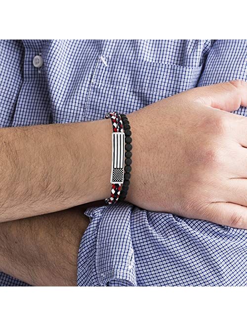 Nautica Stainless Steel American Flag Bar Red White Blue Braided Leather Black Beaded Stretch Bracelet for Men Layered Set