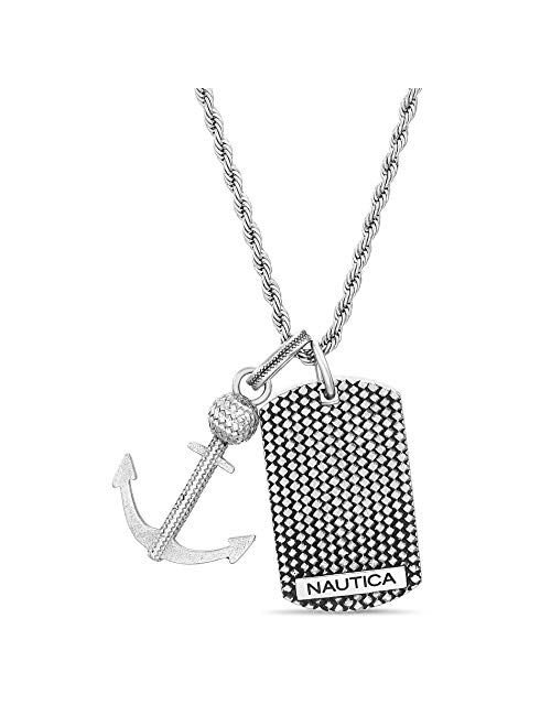 Nautica Oxidized Stainless Steel Textured Dog Tag Anchor Rope Chain Necklace for Men