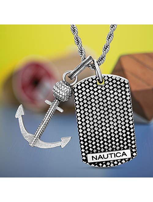 Nautica Oxidized Stainless Steel Textured Dog Tag Anchor Rope Chain Necklace for Men