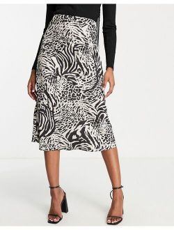 satin bias cut midi skirt in animal print